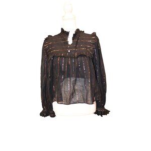 Farm Rio Black Sheer Blouse With Ruffle Trim & Metallic Stripes, Small